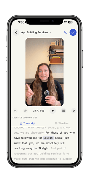 Refined transcript view showing edited words