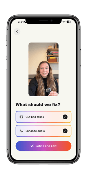Refined app showing 'What should we fix?' screen with Cut bad takes and Enhance audio options